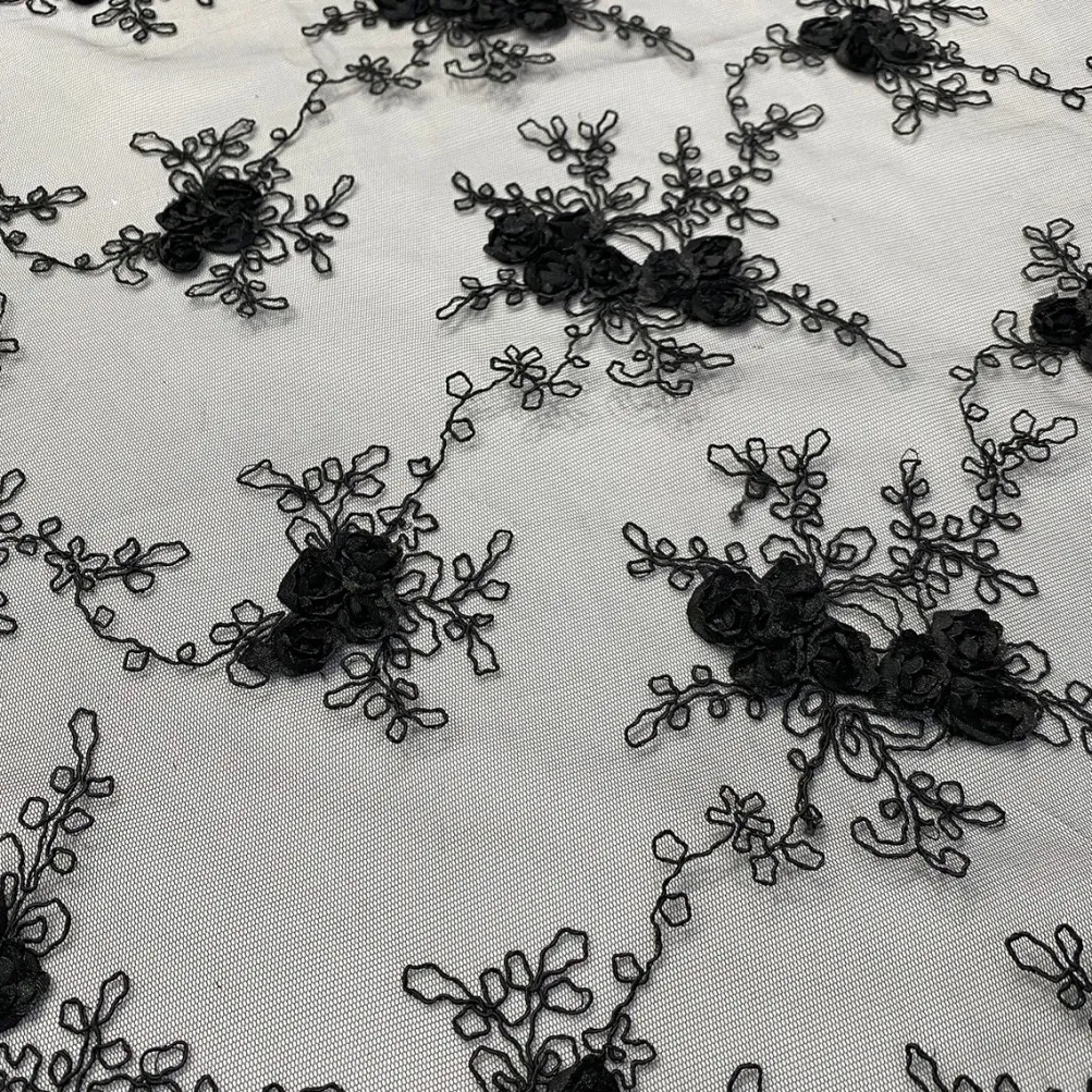 Baby Rose Embroidery Table Runner in Black