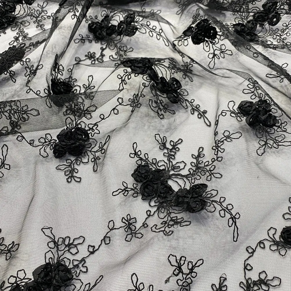 Baby Rose Embroidery Table Runner in Black