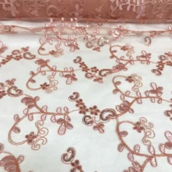 Basil Leaf Embroidery Table Runner in Coral