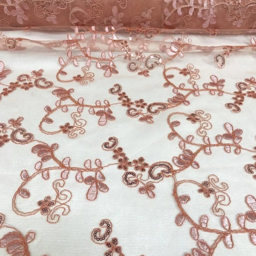 Basil Leaf Embroidery Table Runner in Coral
