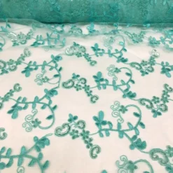 Basil Leaf Embroidery Table Runner in Teal Green