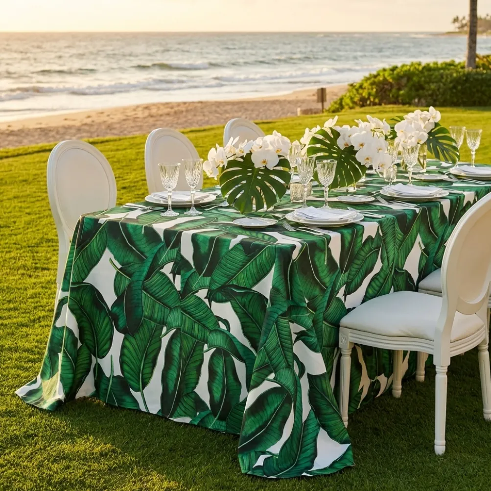 Beverly (Poly Print) Table Linen in Green/White
