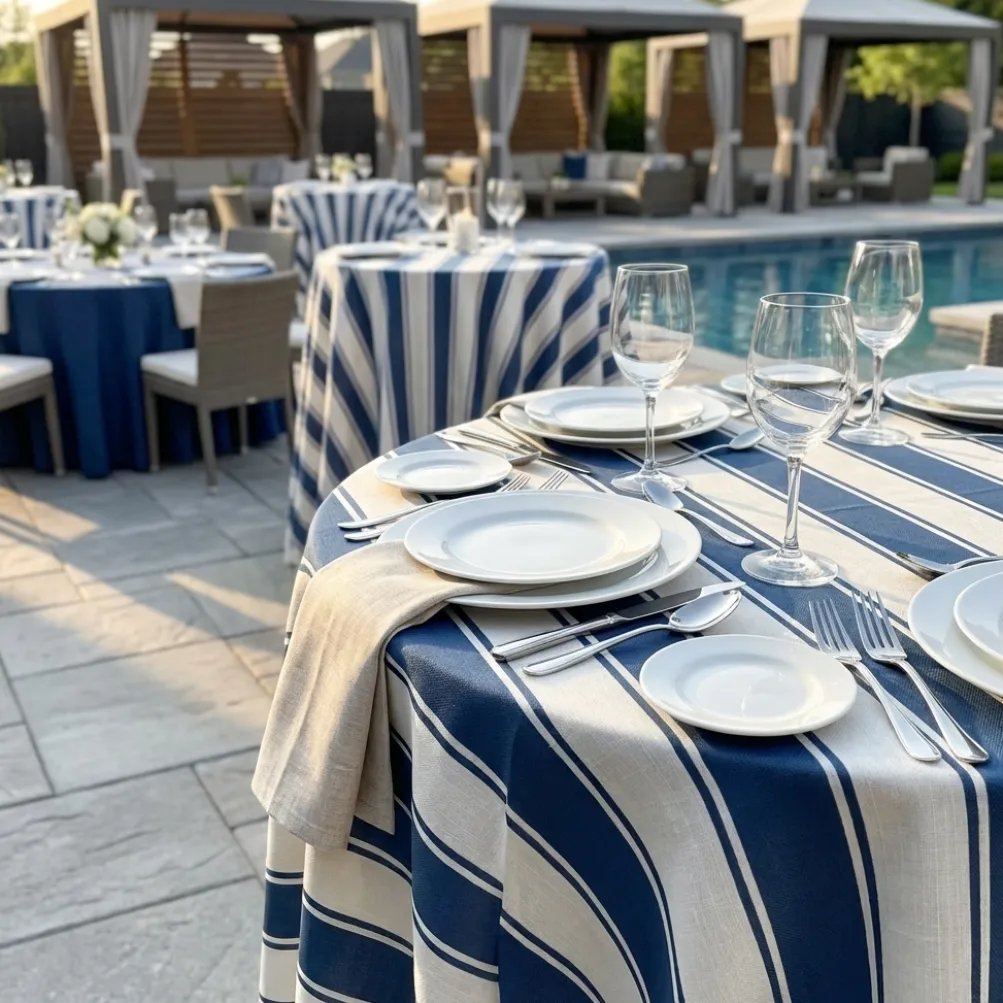 Cabana Stripe (Slub Print) Table Linen in Navy / White