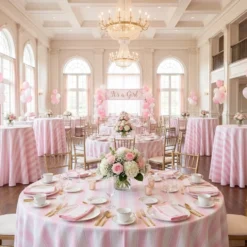 Cabana Stripe (Slub Print) Table Linen in Pink / White