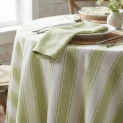 Cabana Stripe (Slub Print) Table Linen in Sage / White