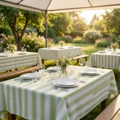 Cabana Stripe (Slub Print) Table Linen in Sage / White