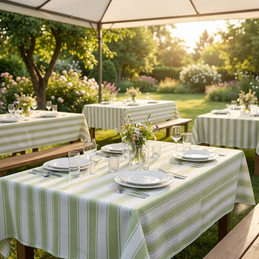 Cabana Stripe (Slub Print) Table Linen in Sage / White