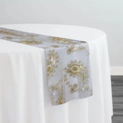 Cocoa Paisley Embroidery Table Runner in Champagne