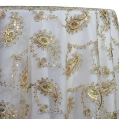 Cocoa Paisley Embroidery Table Linen in Champagne