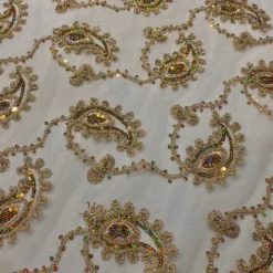 Cocoa Paisley Embroidery Table Linen in Champagne