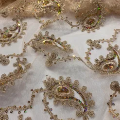 Cocoa Paisley Embroidery Table Linen in Champagne