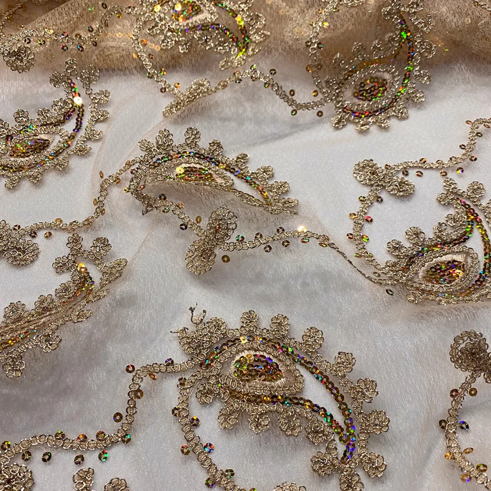 Cocoa Paisley Embroidery Table Linen in Champagne