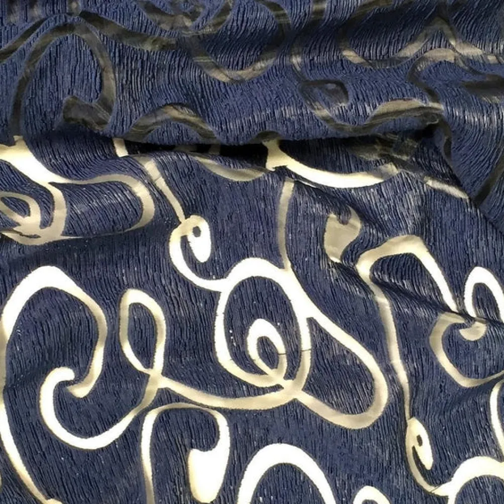 Contempo Scroll Sheer Table Linen in Navy