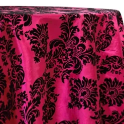 Damask Flocking Taffeta Table Linen in Black on Fuchsia