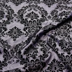 Damask Flocking Taffeta Table Linen in Black on Silver