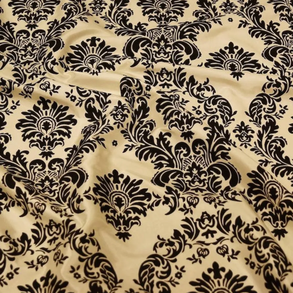 Damask Flocking Taffeta Table Linen in Black on Ivory