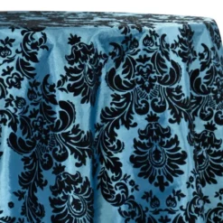 Damask Flocking Taffeta Table Linen in Black on Turquoise