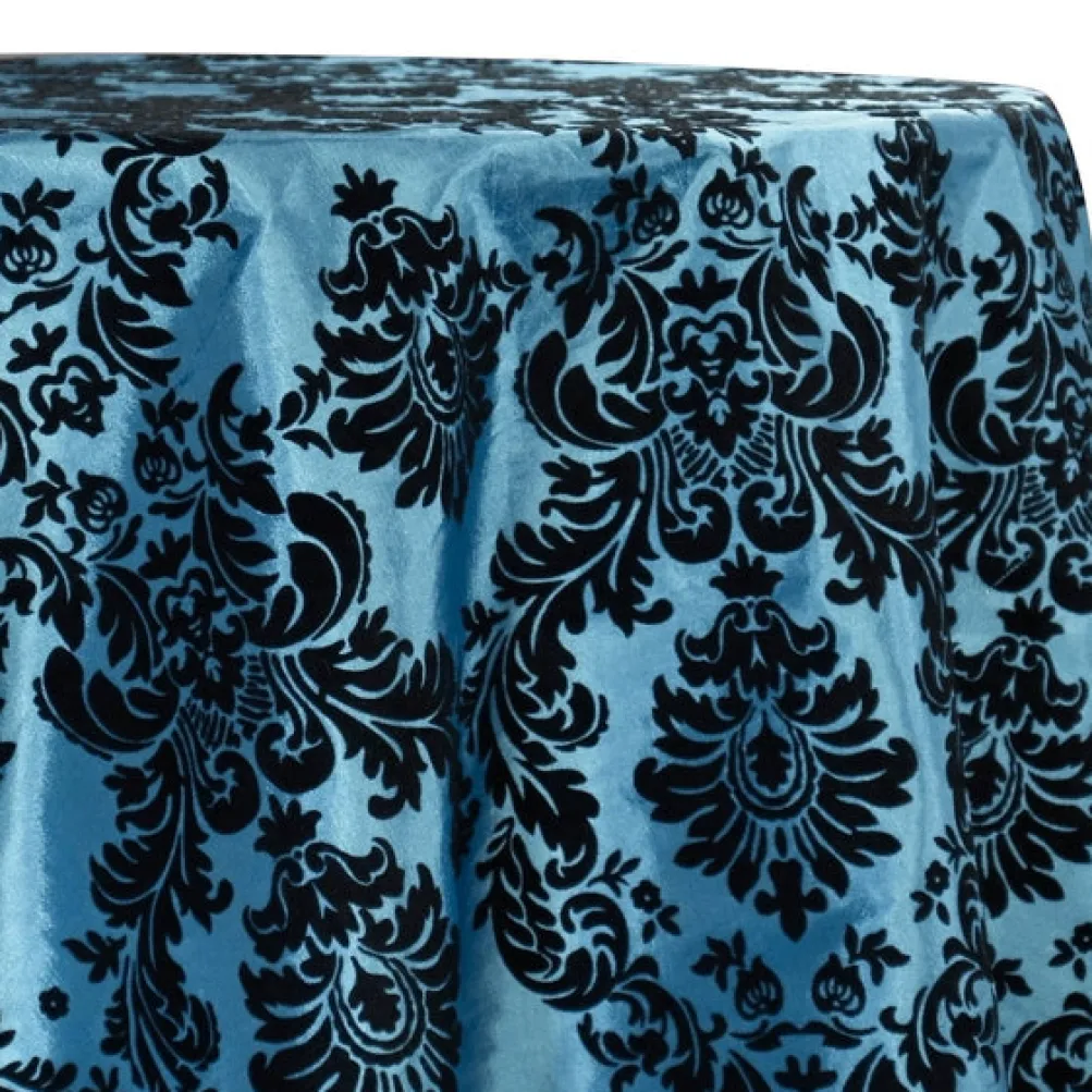 Damask Flocking Taffeta Table Linen in Black on Turquoise