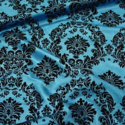 Damask Flocking Taffeta Table Linen in Black on Turquoise