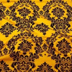 Damask Flocking Taffeta Table Linen in Black on Yellow