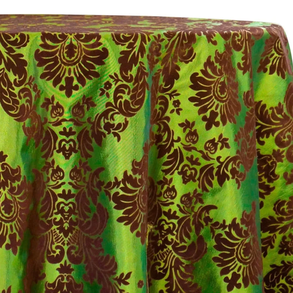 Damask Flocking Taffeta Table Linen in Brown on Olive