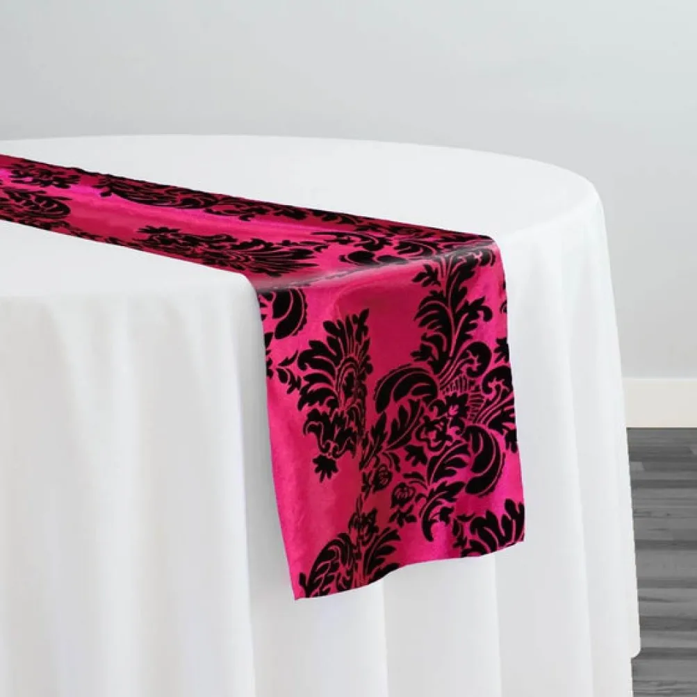 Damask Flocking Taffeta Table Runner in Black on Fuchsia