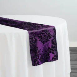 Damask Flocking Taffeta Table Runner in Black on Purple