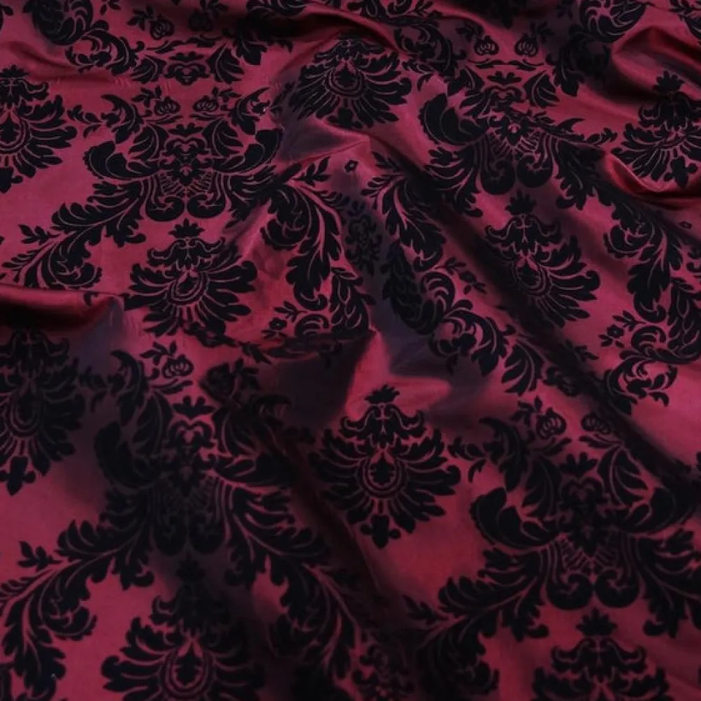 Damask Flocking Taffeta Table Linen in Black on Burgundy