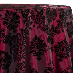 Damask Flocking Taffeta Table Linen in Black on Burgundy