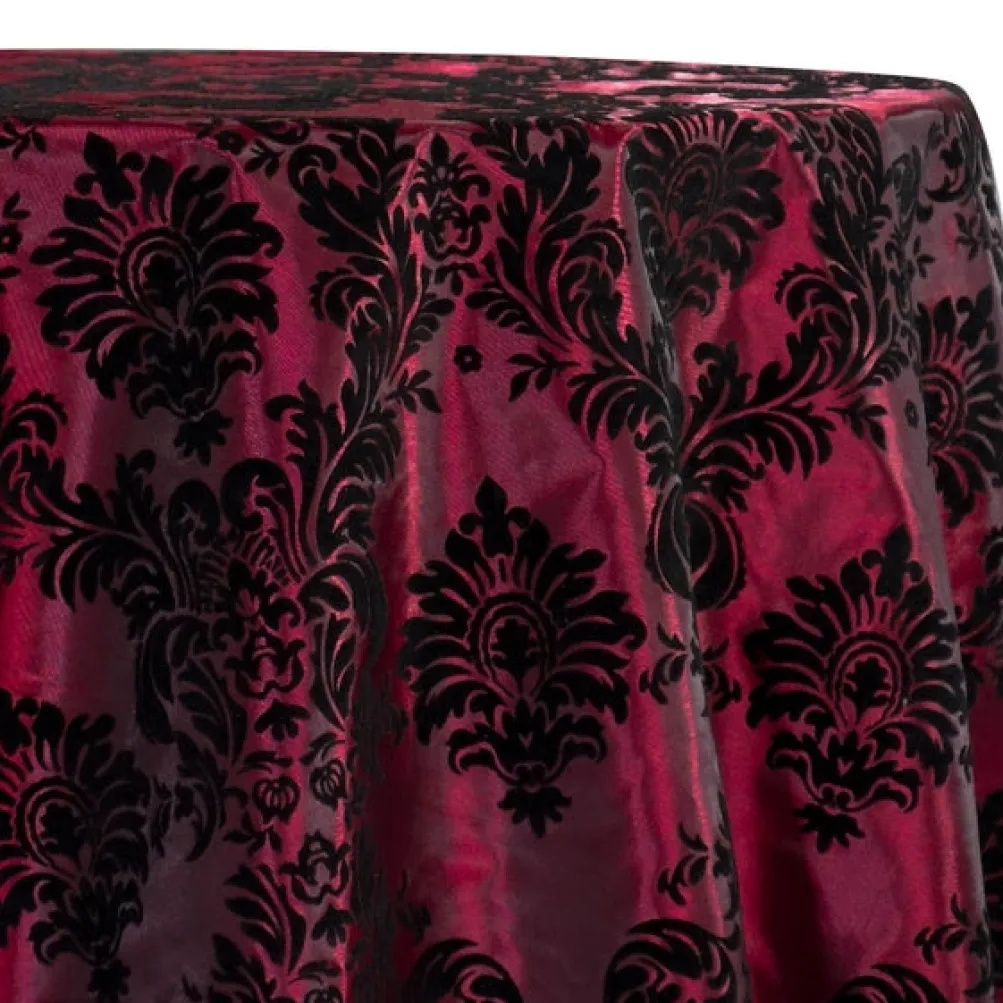 Damask Flocking Taffeta Table Linen in Black on Burgundy