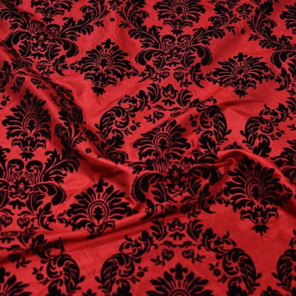 Damask Flocking Taffeta Table Linen in Black on Red