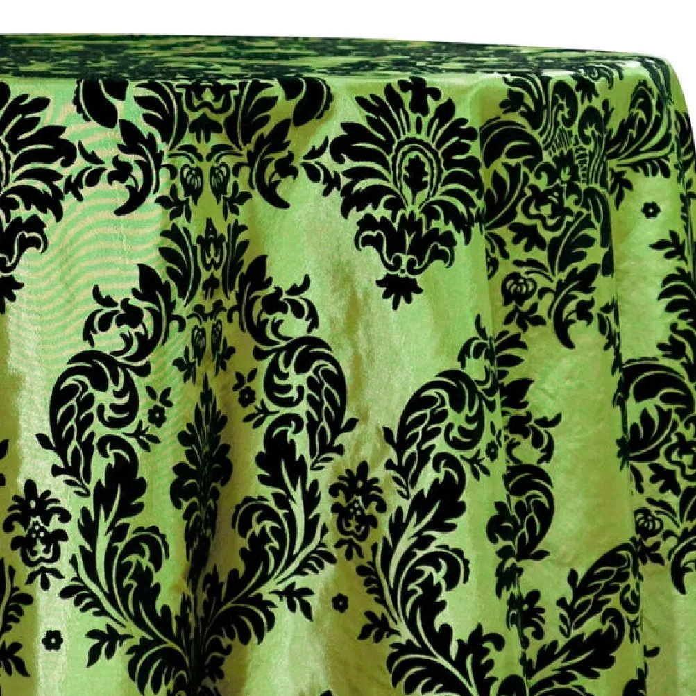 Damask Flocking Taffeta Table Linen in Black on Olive
