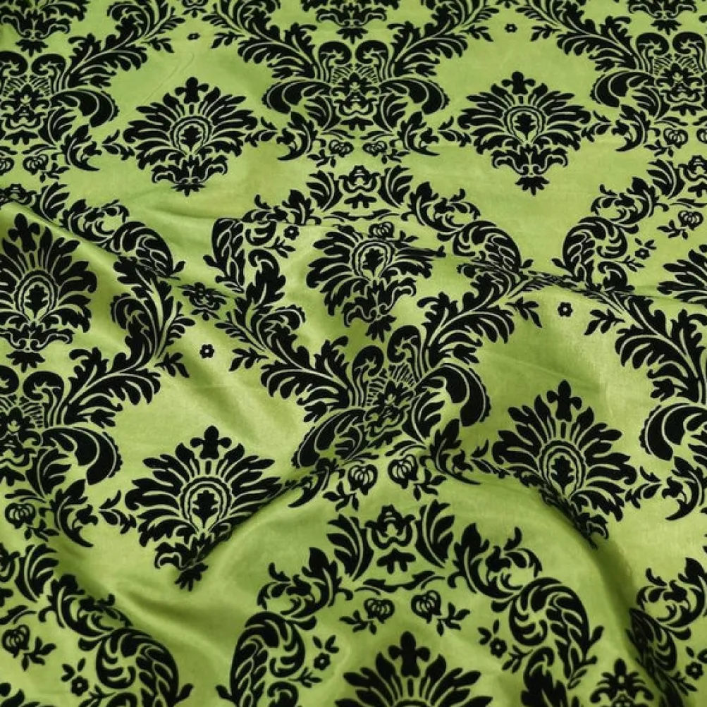 Damask Flocking Taffeta Table Runner in Black on Olive