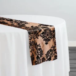 Damask Flocking Taffeta Table Runner in Black on Gold