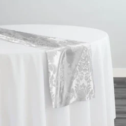 Damask Flocking Taffeta Table Runner in White on White