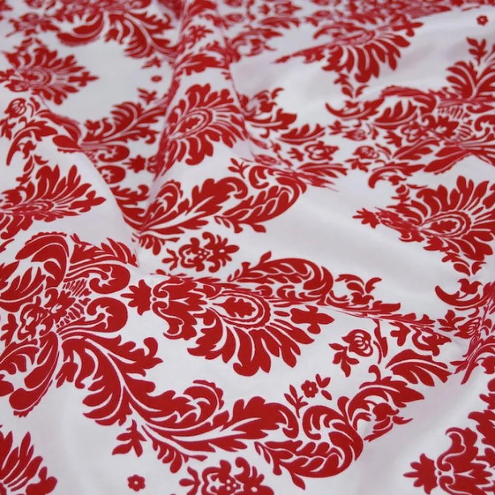 Damask Flocking Taffeta Table Runner in Red on White