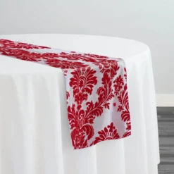 Damask Flocking Taffeta Table Runner in Red on White