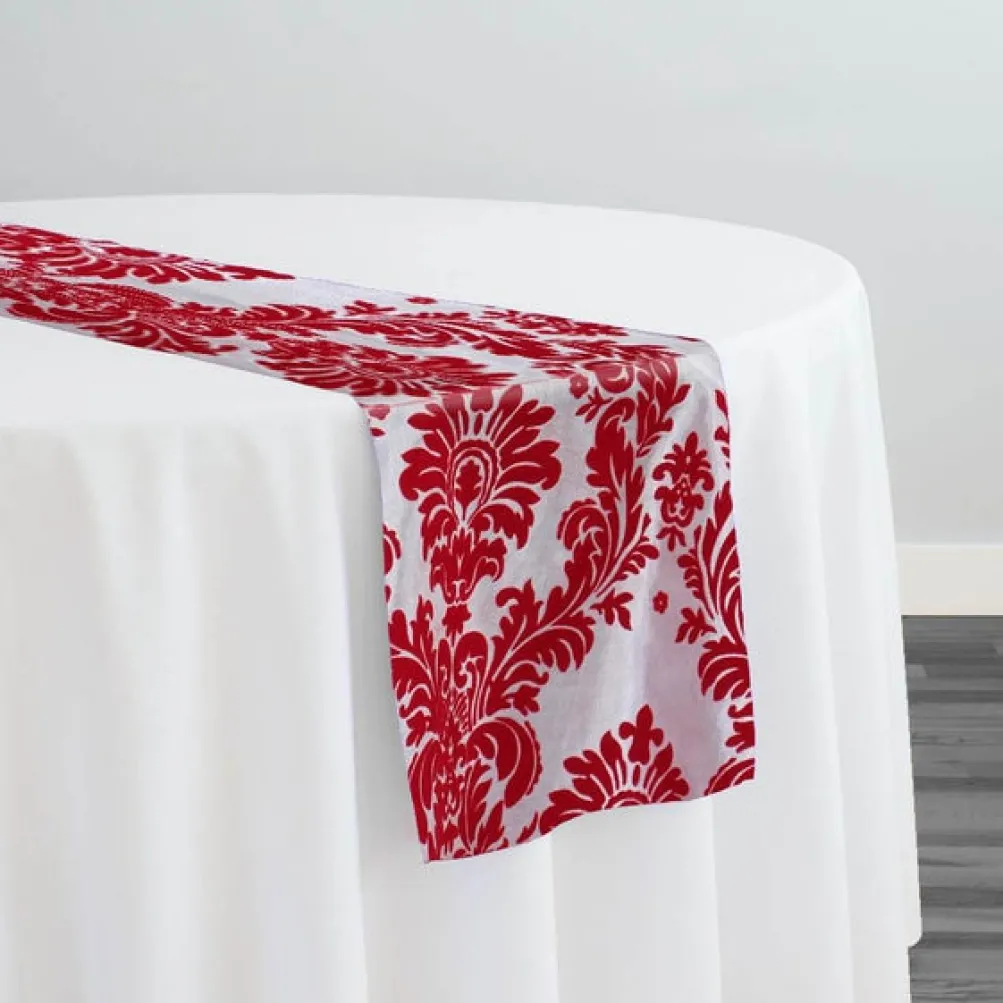Damask Flocking Taffeta Table Runner in Red on White