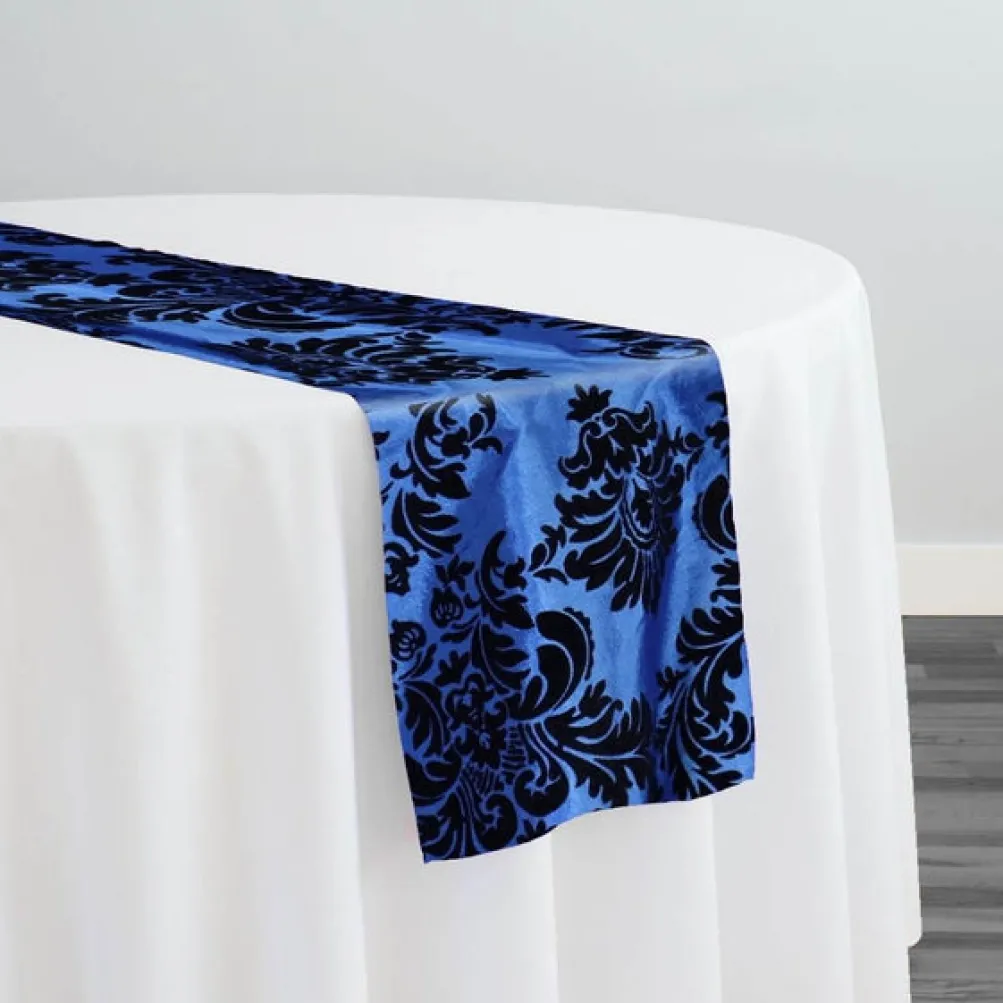 Damask Flocking Taffeta Table Runner in Black on Royal