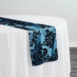 Damask Flocking Taffeta Table Runner in Black on Turquoise