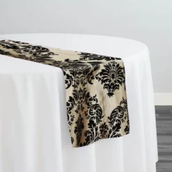 Damask Flocking Taffeta Table Runner in Black on Ivory