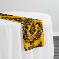 Damask Flocking Taffeta Table Runner in Black on Yellow
