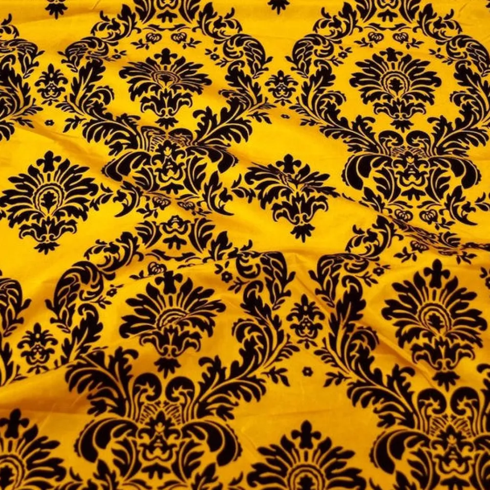Damask Flocking Taffeta Table Runner in Black on Yellow