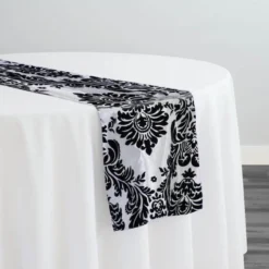 Damask Flocking Taffeta Table Runner in Black on White