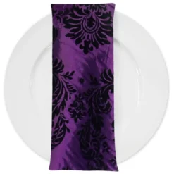 Damask Flocking Taffeta Table Napkin in Black on Purple