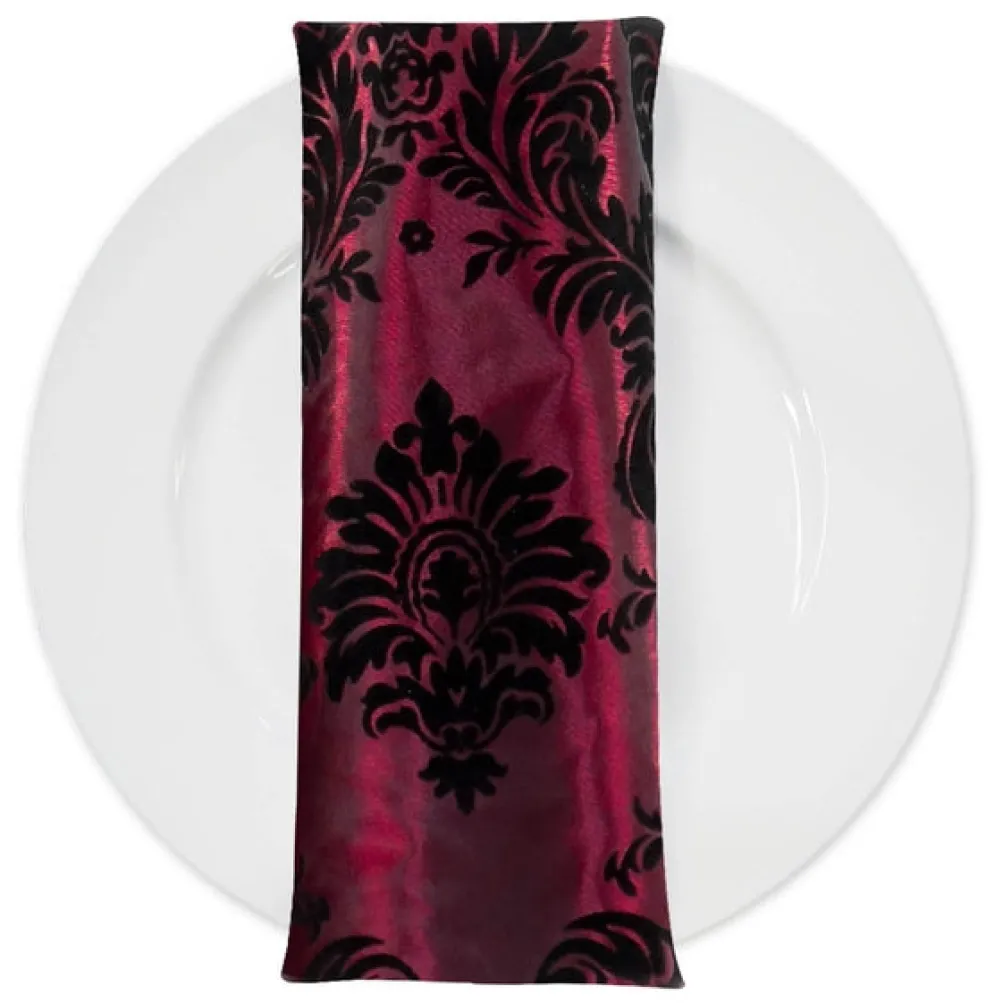 Damask Flocking Taffeta Table Napkin in Black on Burgundy