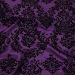 Damask Flocking Taffeta Table Linen in Black on Purple