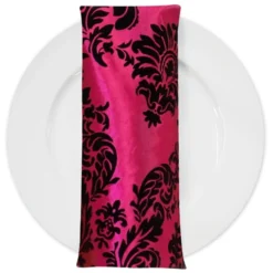 Damask Flocking Taffeta Table Napkin in Black on Fuchsia
