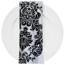 Damask Flocking Taffeta Table Napkin in Black on White