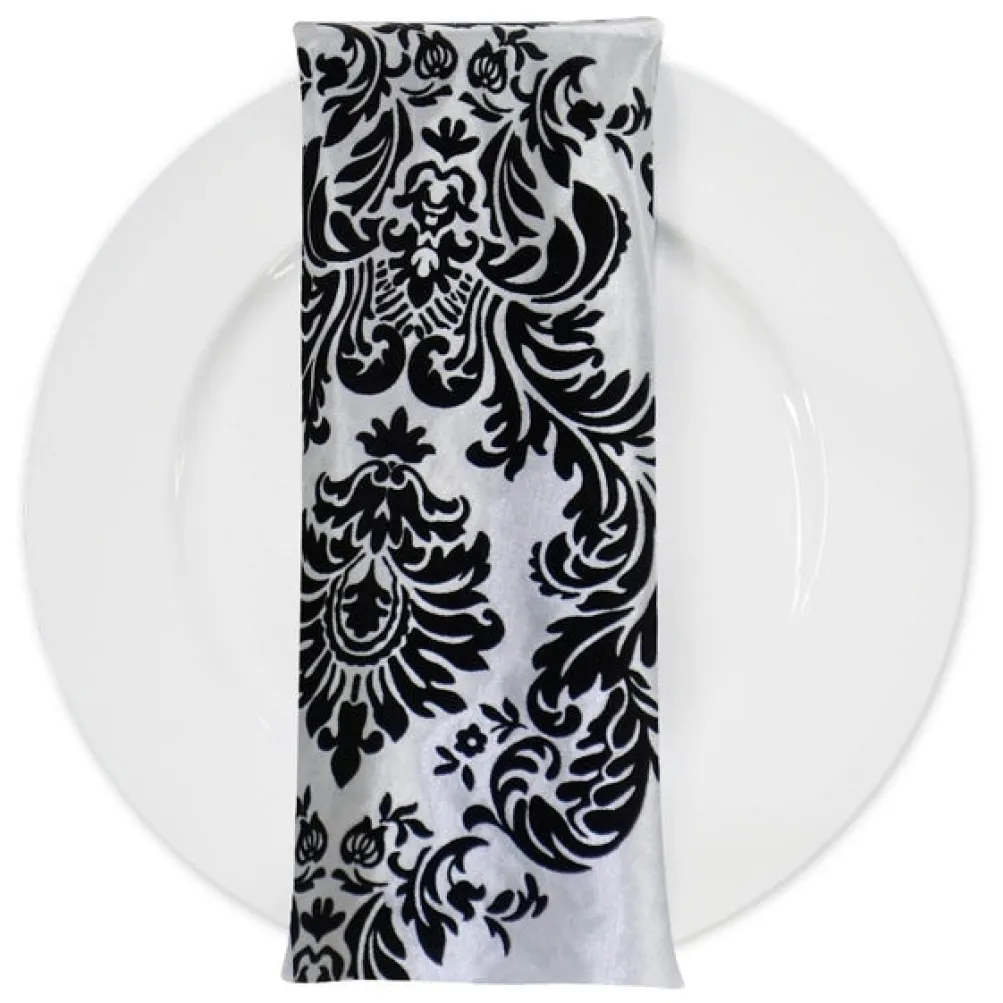 Damask Flocking Taffeta Table Napkin in Black on White
